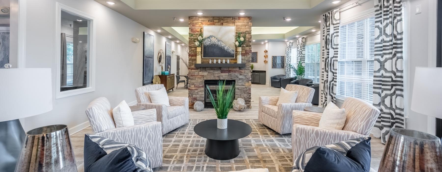 a living room with a fireplace