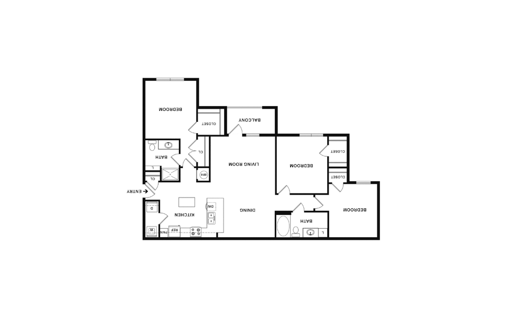 The Percy - 3 bedroom floorplan layout with 2 bathrooms and 1293 square feet (2D)