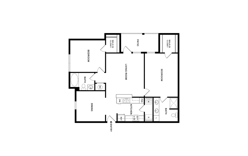 The Weakley - 2 bedroom floorplan layout with 2 bathrooms and 1066 square feet (2D)