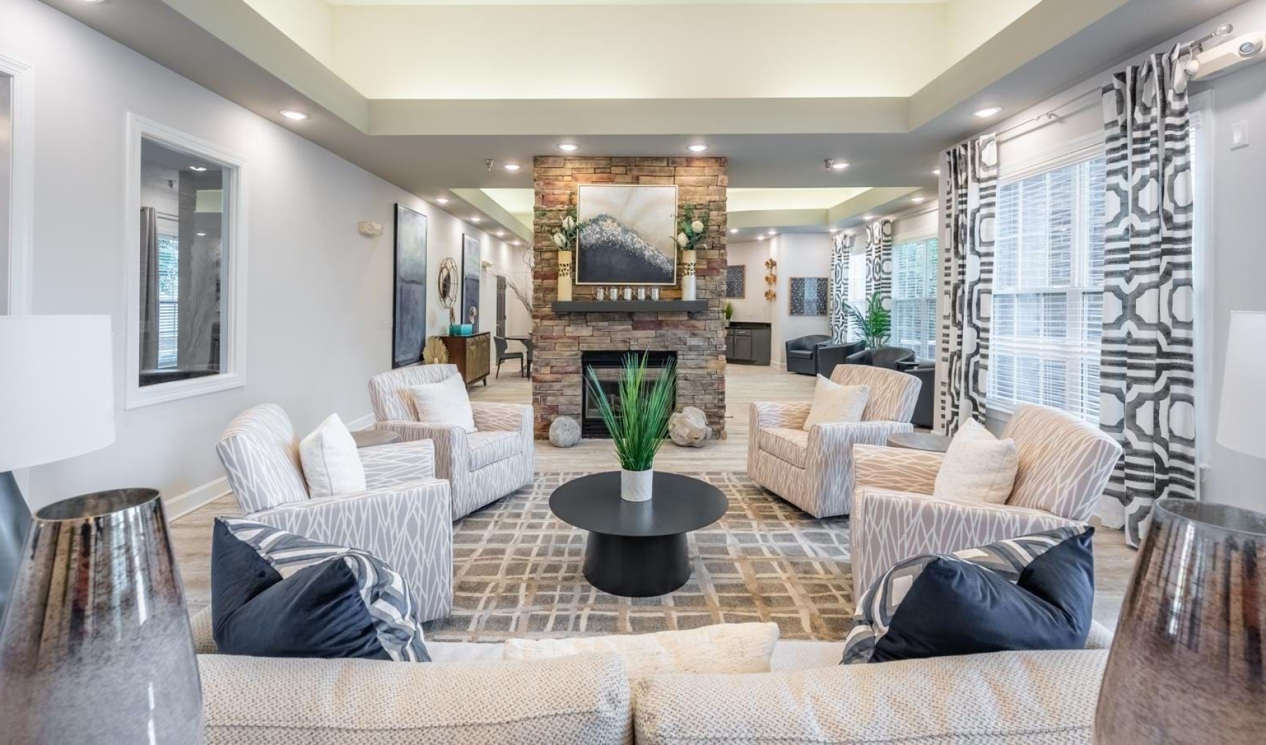 a living room with a fireplace